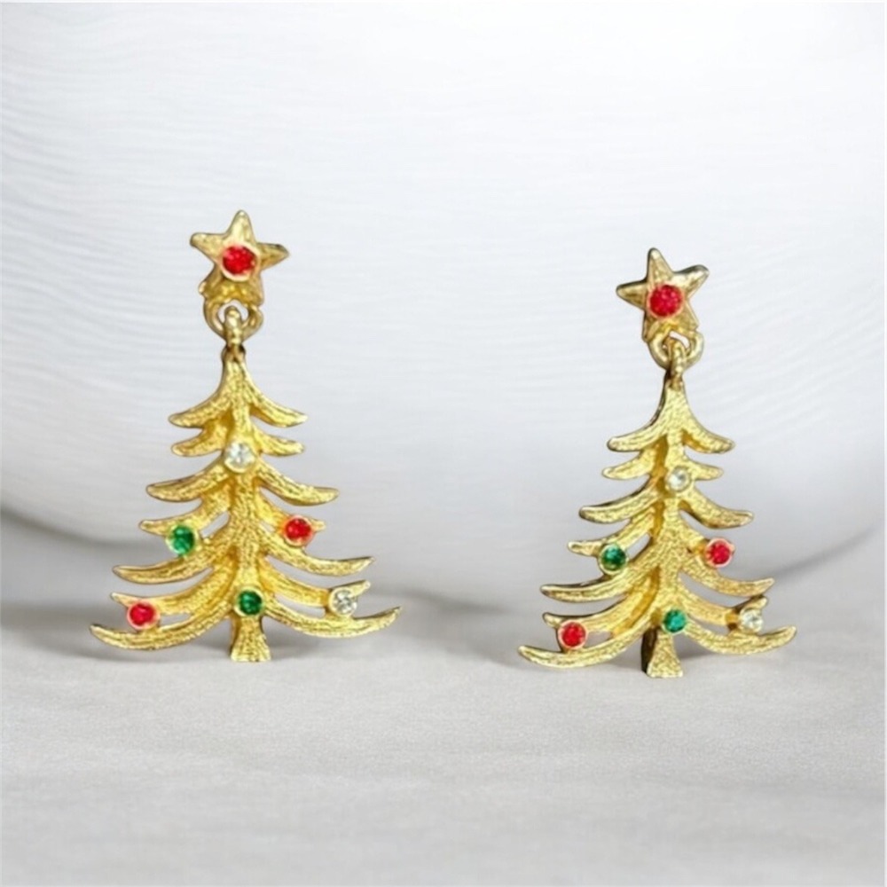 Vintage Women's Earrings Christmas‎ Tree Gold Tone Colored Faux Crystals